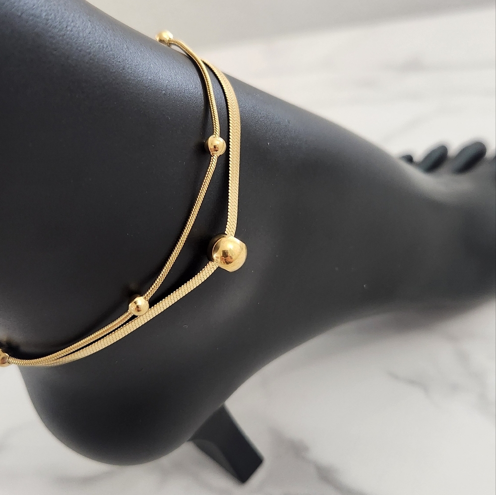 Gold Plated Double Layer Anklet Herringbone Blade Snake Chain Bead Anklet Y2K - Picture 7 of 13